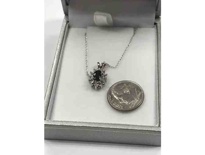 White Gold,  Sapphire center and Diamond Halo Necklace