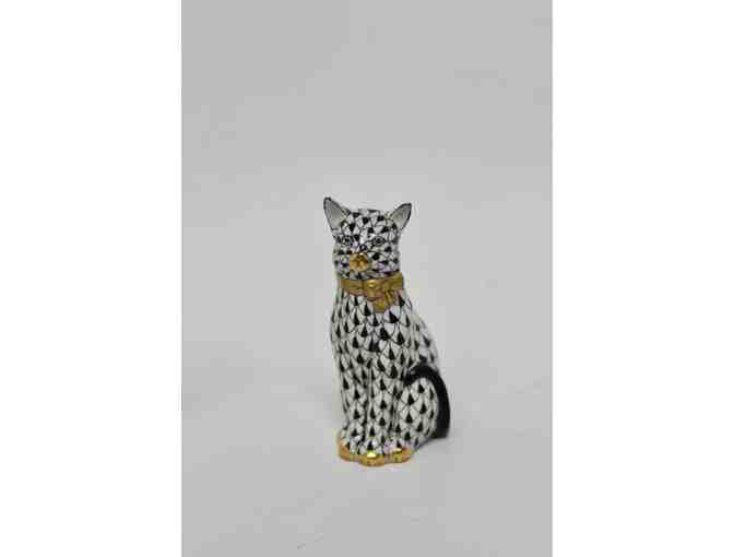 Cat with Bow Black Fishnet Pattern Porcelain Cat Figurine by Herend