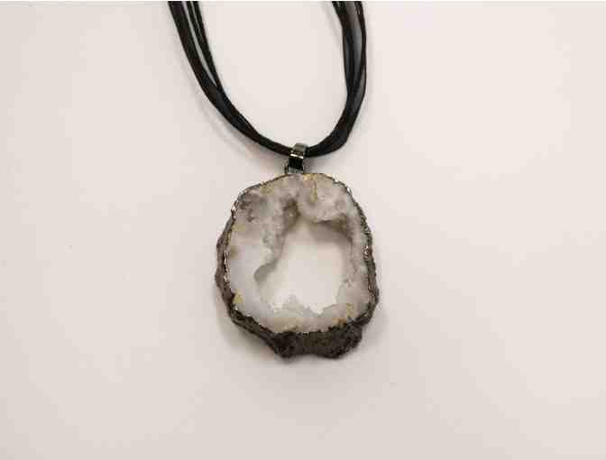 Round Quartz Druzy Pendant on Black Ribbon Necklace