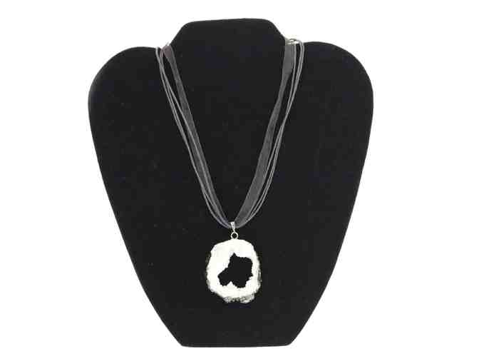 Round Quartz Druzy Pendant on Black Ribbon Necklace