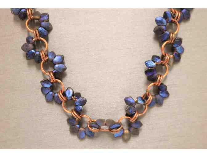 Handcrafted Necklace with Copper Rings and Iridescent Glass Beads