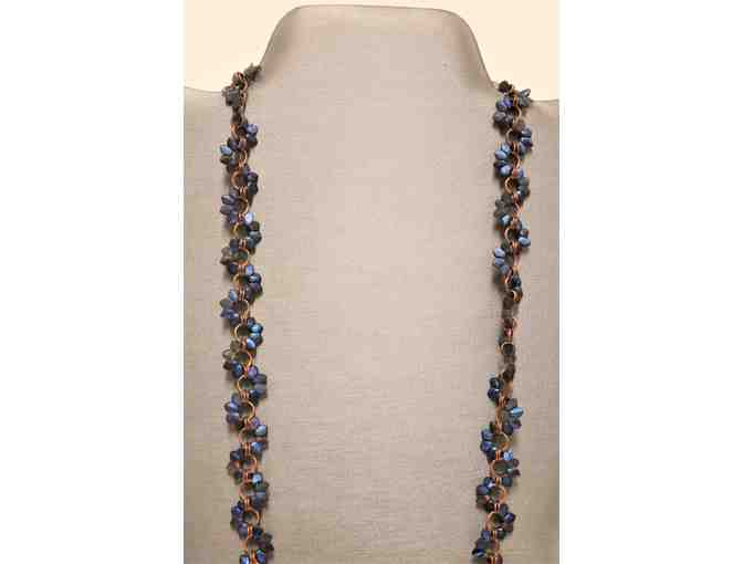 Handcrafted Necklace with Copper Rings and Iridescent Glass Beads