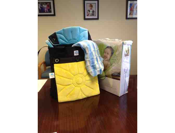 Blue Hand-Knit Baby Blanket, Blooming Baby Bath, Baby Carrier, and Diaper Bag