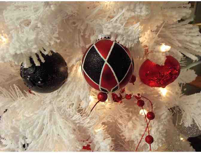 Snow at Christmas, Beautiful Snowy Christmas Tree, Red and Black Ornaments, Stunning!