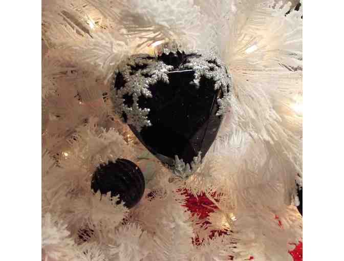Snow at Christmas, Beautiful Snowy Christmas Tree, Red and Black Ornaments, Stunning!