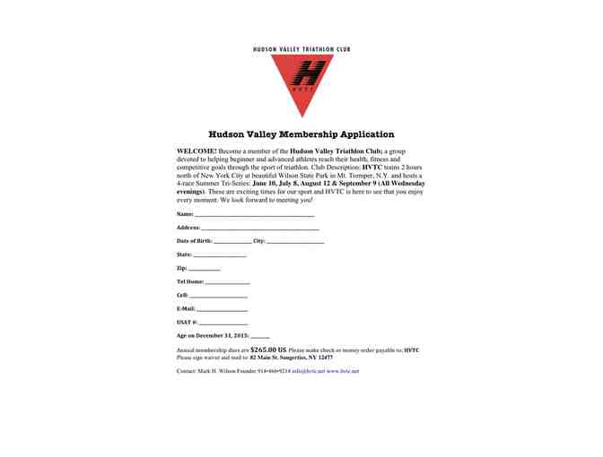 Hudson Valley Triathalon Club One Year Membership
