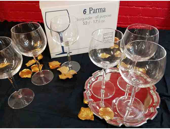 #1 Chippendale Platter, 6 Luigi Bormioli Royale Burgunder Glasses, Bourgogne Pinot Noir