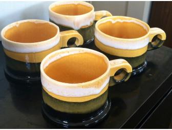 Set of Four Handmade Peter Shire Mugs in Yellow, Black, and White