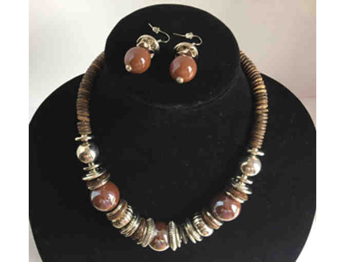 Brown and Silver Tone Beaded Necklace and Earrings