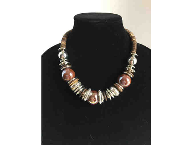 Brown and Silver Tone Beaded Necklace and Earrings