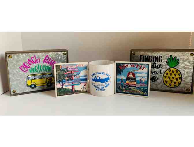 Tropical Key West Mug, Coasters and framed pictures on galvanized metal