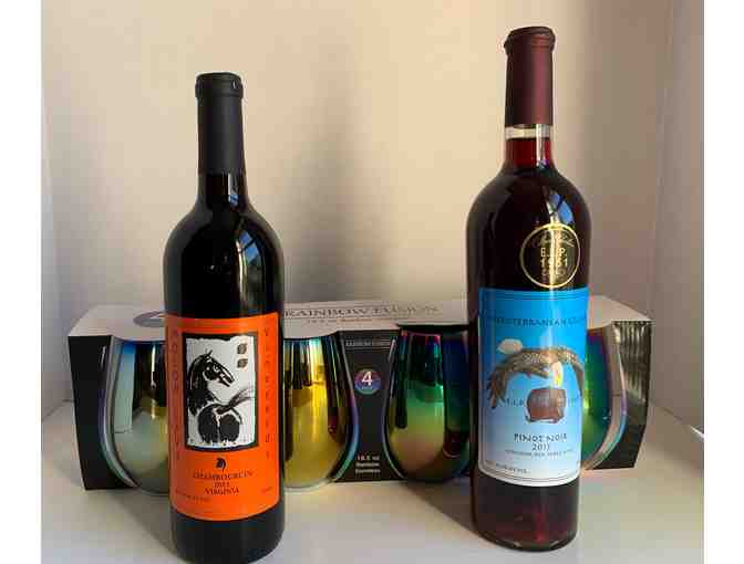 Rainbow Fusion Wine Glasses with 2 Bottles of Red Virginia Wine
