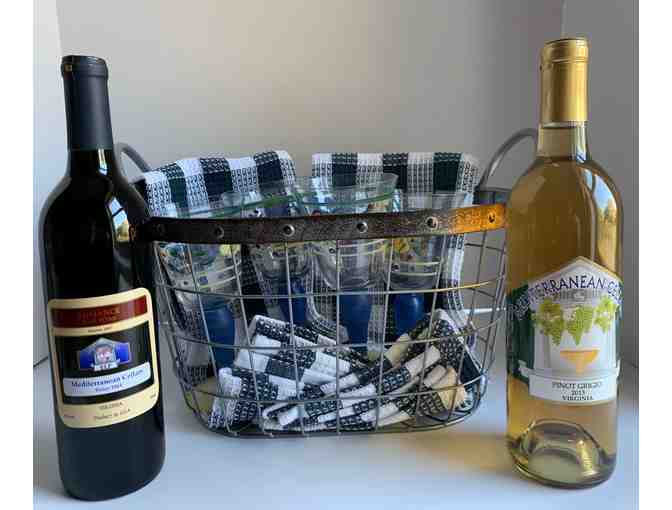 Metal Basket with Handpainted Wine Glasses, Towels and 2 Bottles of Wine