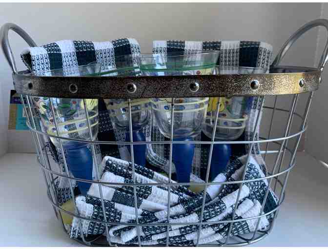 Metal Basket with Handpainted Wine Glasses, Towels and 2 Bottles of Wine