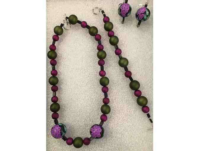 Necklace/Bracelet/Earring Set Made with Purple/Green and Special Flowered Beads