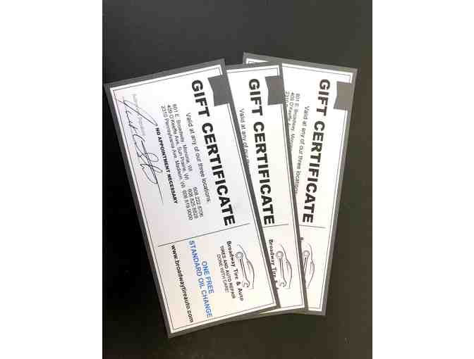 Three oil changes from Broadway Tire & Auto in Monona