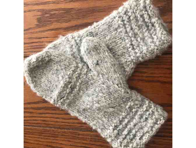 Hand knit gray mohair mittens and hat
