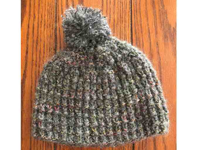 Hand knit gray mohair mittens and hat