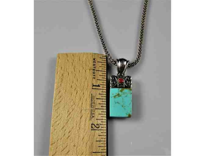Turquoise and Orange Stone Sterling Silver Pendant and Chain