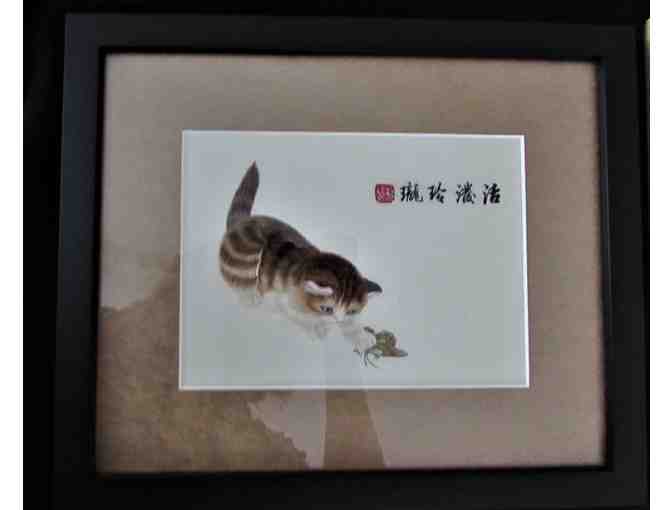 Framed Silk Embroidery Cats and Framed Watercolor Print