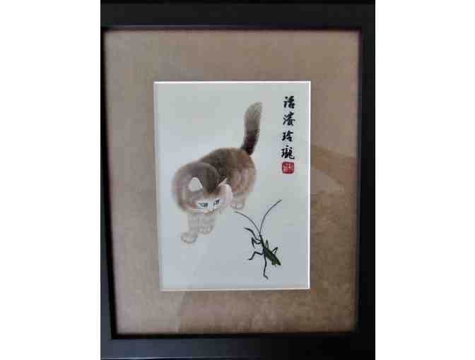 Framed Silk Embroidery Cats and Framed Watercolor Print