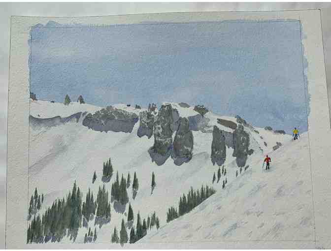Framed Original Watercolor Painting of 'Kirkwood Skiers on Monte Wolfe'