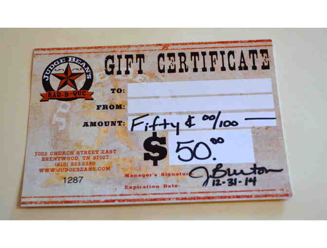 Judge Bean's Bar-B-Que $50 Gift Certificate