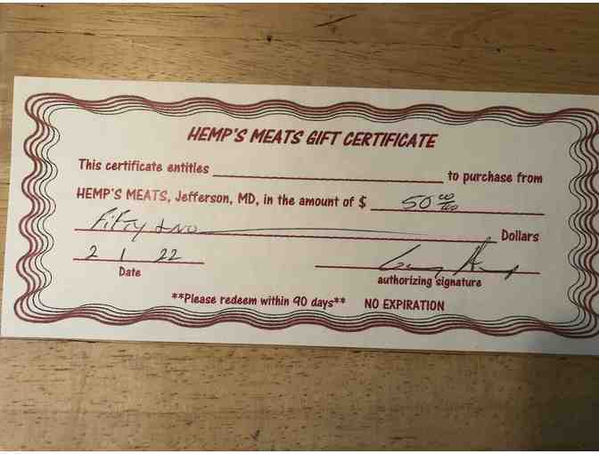 Hemp's Meats: Full Service Country Butcher Shop - $50 Gift Certificate