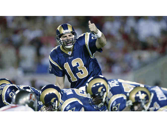 KURT WARNER AUTOGRAPHED ST. LOUIS RAMS 31X31 CUSTOM FRAMED JERSEY