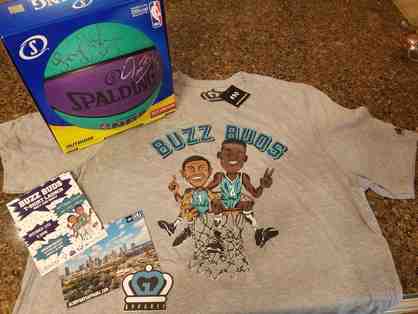 Hornets Basketball signed by Muggsy Bogues & Larry Johnson & Buzz Buds Tshirt