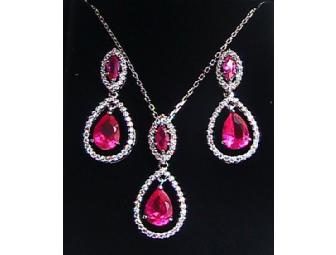 Sterling Silver & Ruby CZ Earrings & Necklace Set