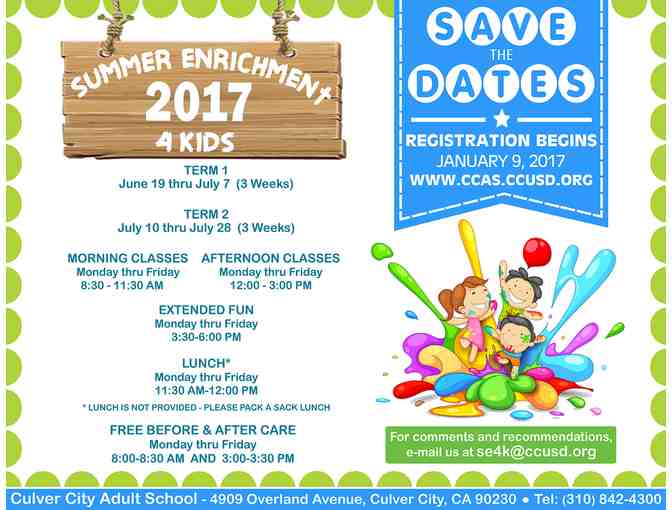 One Certificate to the Culver City Adult School Summer Enrichment 4 Kids 2017 session