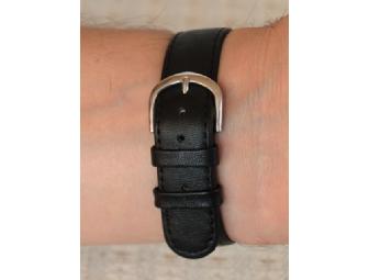 Blue Cliff Monastery: Black leather 'It's Now' Mens watch