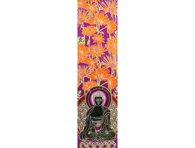 DreamLuxe: Batik Hand Painted Silk Scarf with Buddha with Large Orange Flowers