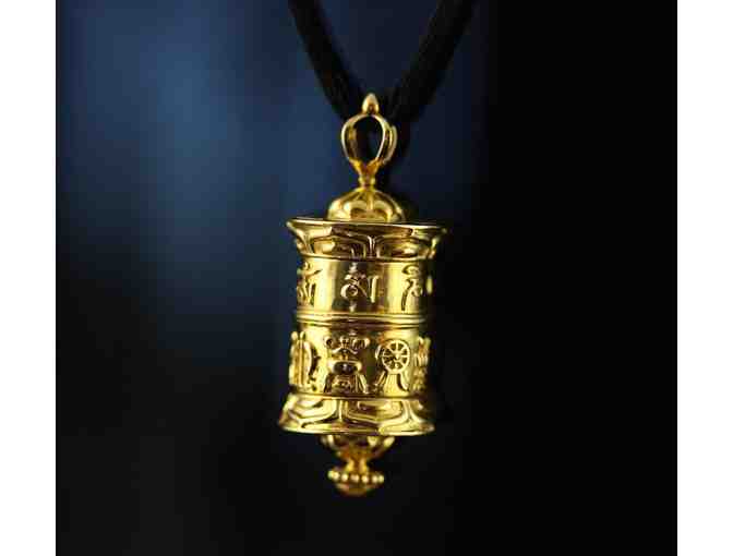 Himalayan Designs: Gold Prayer Wheel Pendant with Satin Cord