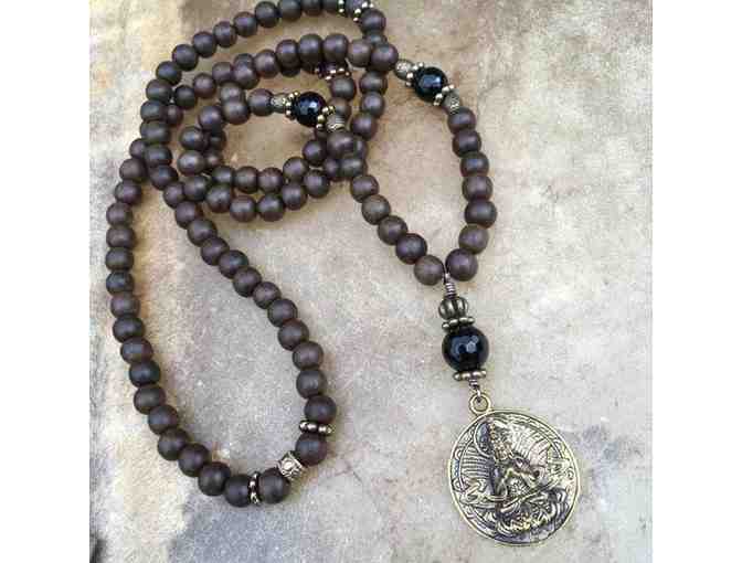 Sacred Symbol Studios: 108 Bead Mala Necklace with Greywood & Black Onyx