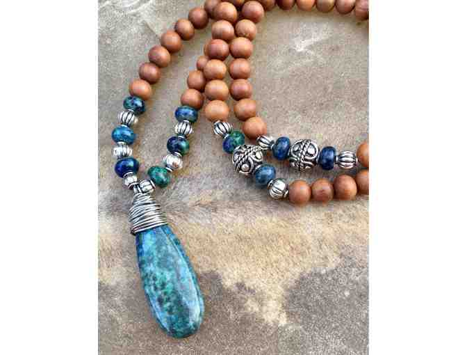 Sacred Symbol Studios: Sandalwood Mala Bead Necklace with Chrysocolla Gemstone