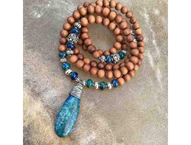 Sacred Symbol Studios: Sandalwood Mala Bead Necklace with Chrysocolla Gemstone