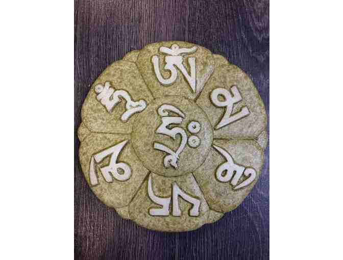 Mantras in Metal: 'Om Mani Padme Hum' Cast Stone Sculpture in Green