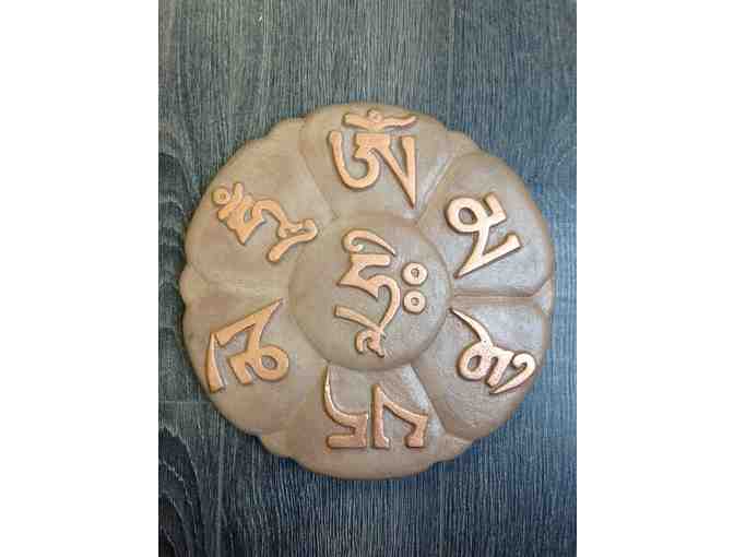Mantras in Metal: 'Om Mani Padme Hum' Cast Stone Sculpture in Brown and Copper