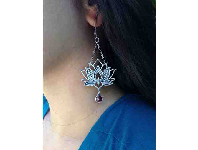 Jaya Moksha: Silver Plated Floating Lotus Earrings with Garnets