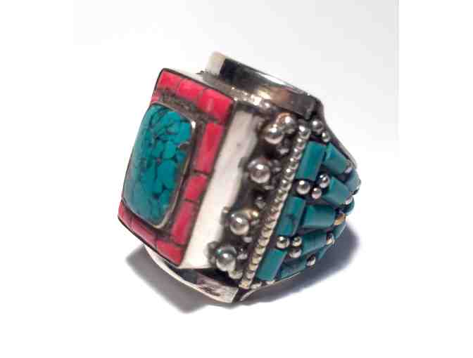 Himalayan Traders: Tibetan Silver Ring with Turquoise & Coral
