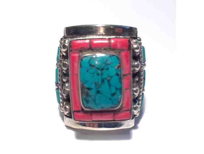 Himalayan Traders: Tibetan Silver Ring with Turquoise & Coral