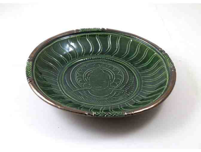 De Baun Fine Ceramics:  Handmade Radiating Buddha Raku Pottery Bowl in Emerald Green