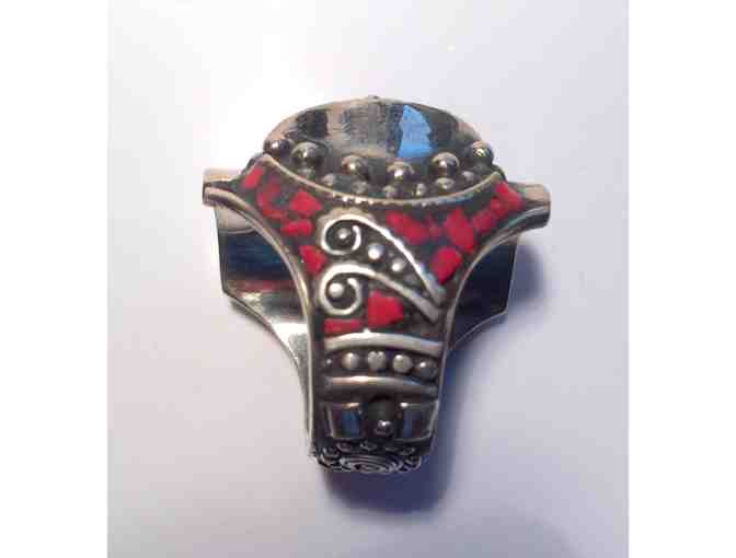 Himalayan Traders: Round-Faced Tibetan Silver Ring with Turquoise & Coral