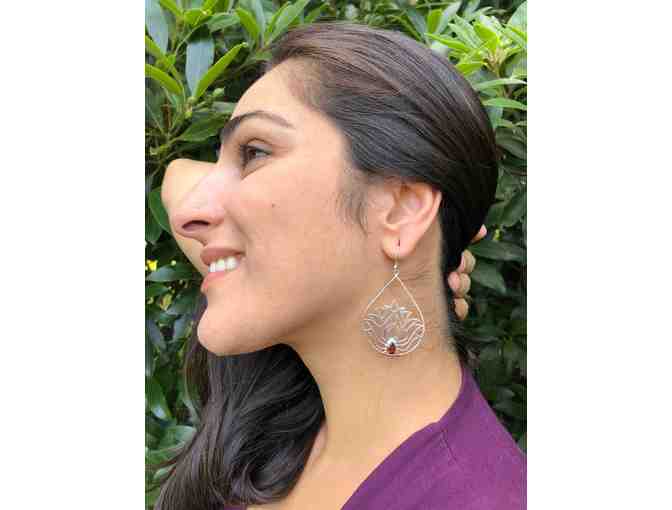 Jaya Moksha: Silver Lotus Earrings with Garnets