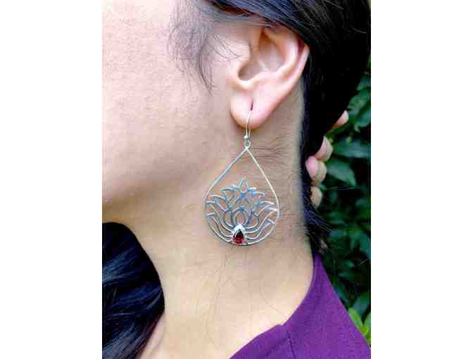 Jaya Moksha: Silver Lotus Earrings with Garnets