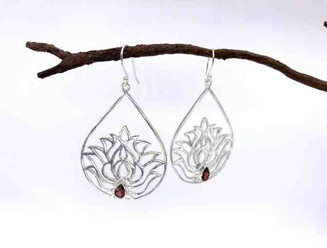 Jaya Moksha: Silver Lotus Earrings with Garnets