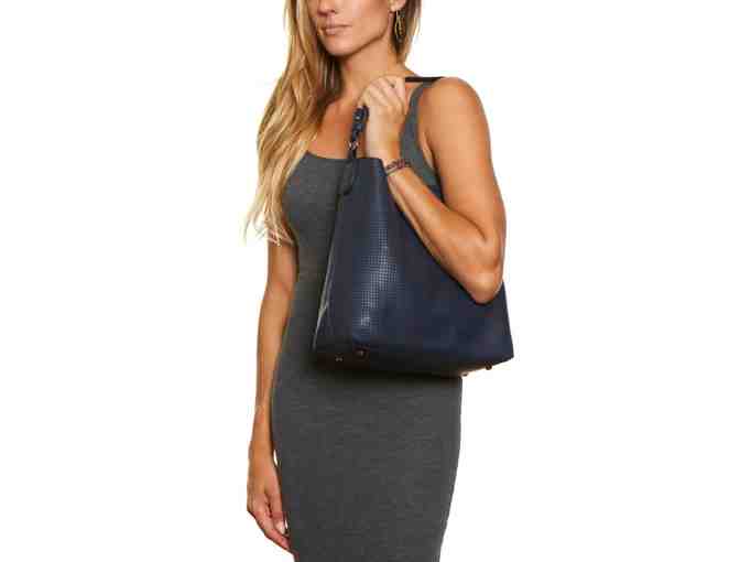 Lulu Dharma: Clara Laser-Cut Shoulder Bag in Dark Sapphire Vegan Leather