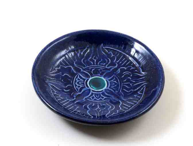 De Baun Fine Ceramics: Handmade Raku Offering Bowl with Dorje in Royal Blue